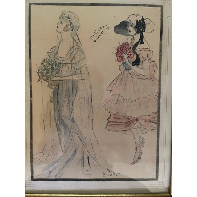Charming vintage fashion illustration of the Empire or Regency era. Uncertain if it is a gouache or print. Framed in an...
