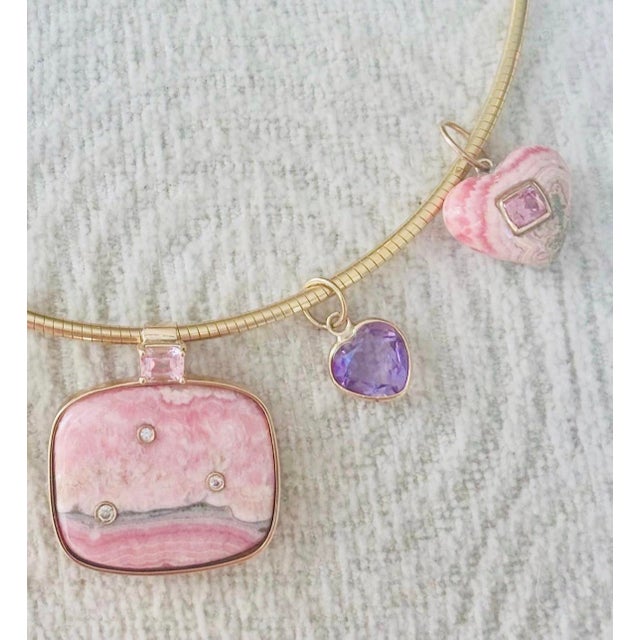 Rhodochrosite Pendant With Pink Spinel, Diamonds & 14k Gold For Sale - Image 4 of 8