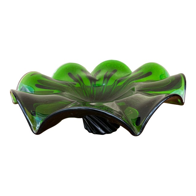 Large Mid-Century Modern Handblown Emerald Art Glass Centerpiece. Circa 1960s For Sale