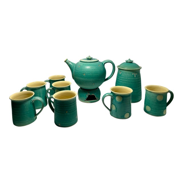 Vintage Studio Art Pottery Tea Set: Teapot Warmer Mugs Lidded Jar Artist Signed- 10 Pieces For Sale