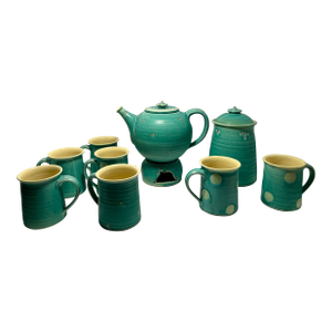 Vintage Studio Art Pottery Tea Set: Teapot Warmer Mugs Lidded Jar Artist Signed- 10 Pieces