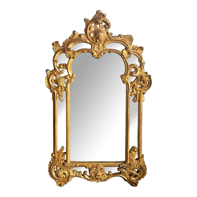 Large French Rococo Style Carved Giltwood Wall Mirror With Rocaille Crest For Sale