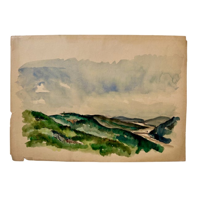 Henry Emil Salloch Original Watercolor on Paper Panoramic Valley Landscape. For Sale