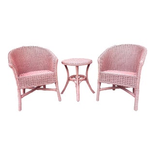 Vintage Palacek Pink Bistro Braided Wicker Barrel Chairs and Table Set of 3 For Sale