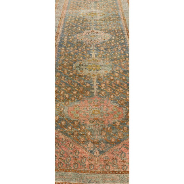 Tribal Antique Persian Gallery Malayer Rug With Geometric Design in Gray-Blue and Pink For Sale - Image 3 of 12