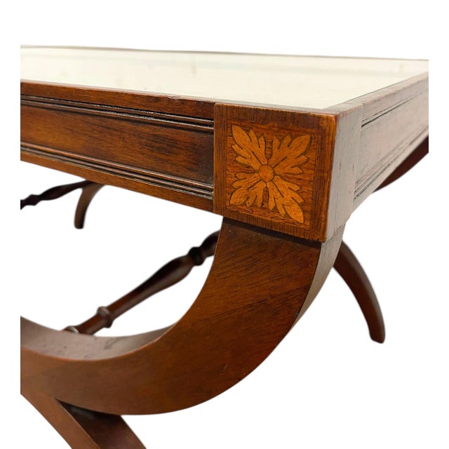 Vintage Neoclassical Style Coffee Table With Removable Glass Top, Curved Saber Legs and Floral Inlay Accents For Sale - Image 9 of 11
