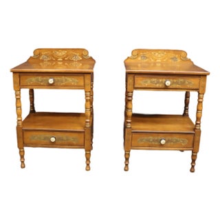 Pair of Hitchcock Maple Two-Drawer Side Tables With Stenciled Decoration For Sale