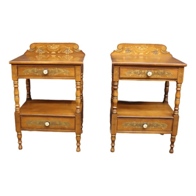 Pair of Hitchcock Maple Two-Drawer Side Tables With Stenciled Decoration For Sale