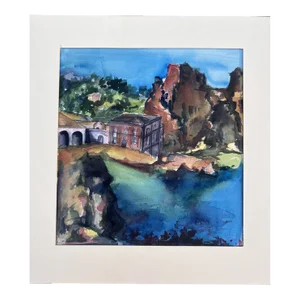 1970s Expressionist Seaside Village Scene Watercolor Painting