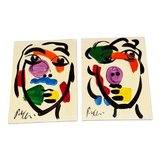 1970s Peter Keil Colorful Portrait Paintings a Pair For Sale