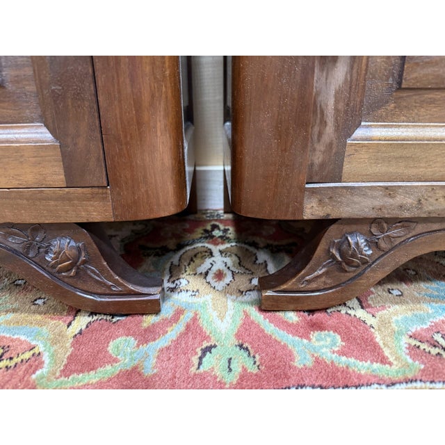 Pair of Art Deco bedside tables in solid walnut with marble tops. Excellent condition.