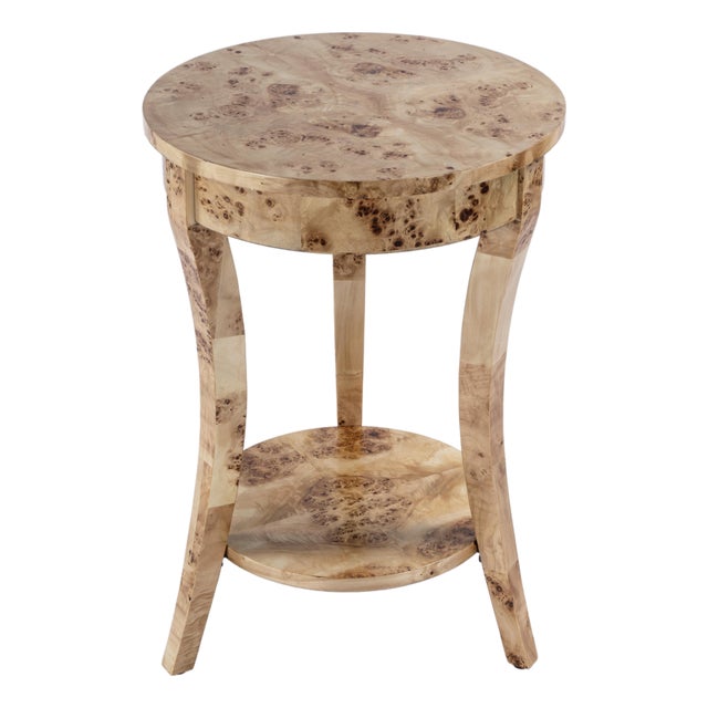 Holdin 18 in. W Round Wood Side Table with Lower Open Shelf, Light Burl For Sale