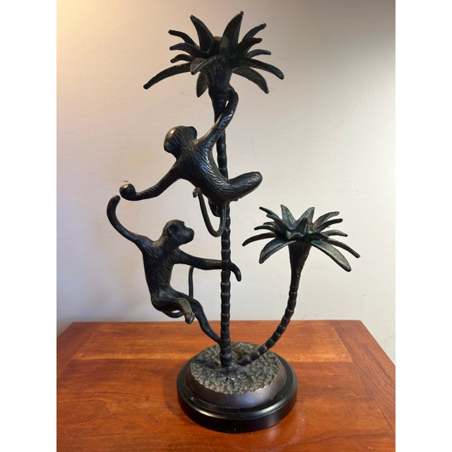 Vintage Maitland Smith Style Monkey and Palm Tree Bronze Candelabra For Sale - Image 4 of 9