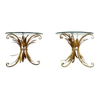 Vintage Gilt Sheaf of Wheat Tables With Round Glass Tops, a Pair For Sale