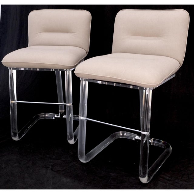 Charles Hollis Jones Pair Bent Lucite 1970s New Alcantera Upholstery Swivel Barstool Chairs Chairs For Sale - Image 4 of 15