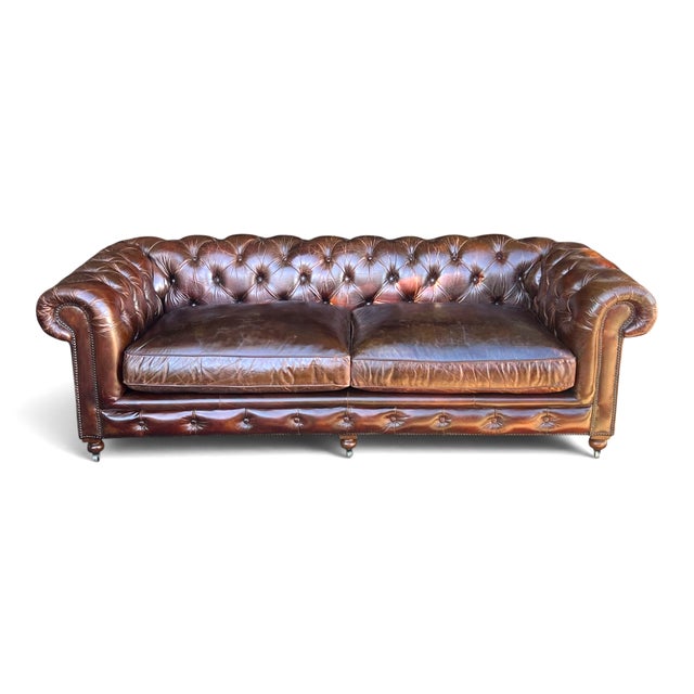 English Restoration Hardware Chesterfield Cognac Leather Sofa With Brass Nailhead & Casters For Sale - Image 3 of 18