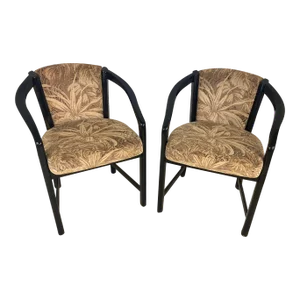 Vintage Black Lacquer Arm Chairs With Velvet Upholstery