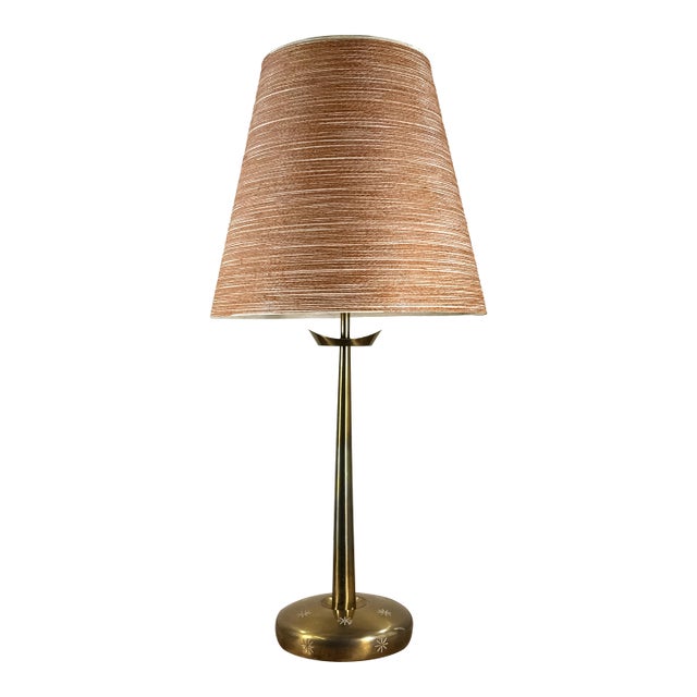 Mid Century Modern Stiffel Brass Table Lamp With Fiberglass String Shade Starburst Base For Sale