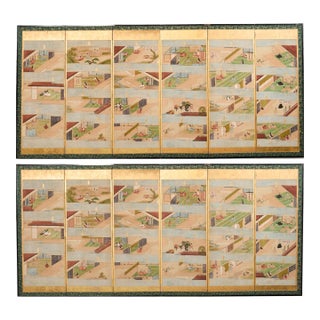 Fifty-Four Scenes from The Tale of Genji Six Panel Screens - a Pair For Sale