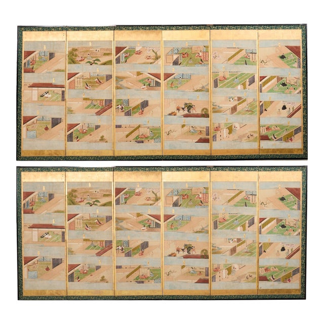 Fifty-Four Scenes from The Tale of Genji Six Panel Screens - a Pair For Sale