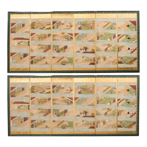 Fifty-Four Scenes from The Tale of Genji Six Panel Screens - a Pair