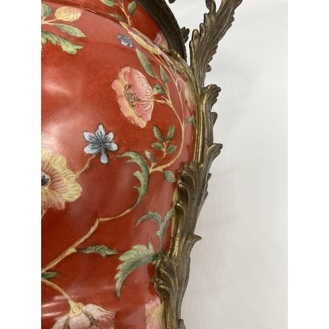 Ceramic Large Chinese Porcelain Jardiniere Chinoiserie Planter Ornate Cast Metal Handles Coral Floral Cachepot For Sale - Image 7 of 9