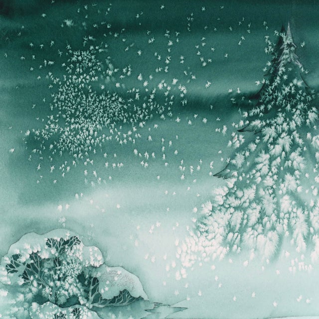 An original watercolor painting on paper by Tulsa, Oklahoma, artist Ellen Shannon, depicting a serene winter landscape...