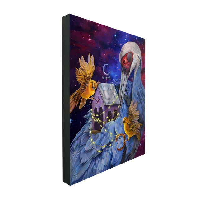 Early 21st Century Lighting The Way by Gigi Chen | Acrylic on Wood Panel Crane with a Bird and a House at Night For Sale - Image 5 of 5