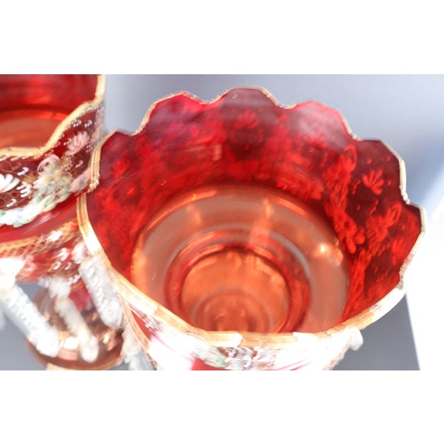 Pair Victorian Cranberry Glass Lusters With Double Tier Crystal Prisms & Enamel Decoration, c.1880–1895 For Sale - Image 9 of 11