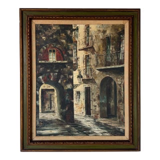 Vintage Rustic European Street Scene Oil Painting on Canvas – Framed For Sale