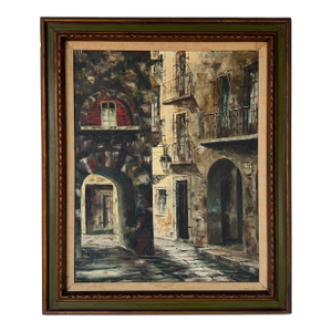 Vintage Rustic European Street Scene Oil Painting on Canvas – Framed
