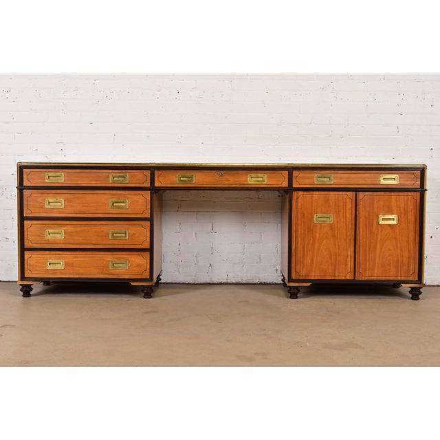 Baker Furniture Mid-Century Hollywood Regency Campaign Satinwood Desk or Executive Credenza, Circa 1960s For Sale - Image 12 of 12