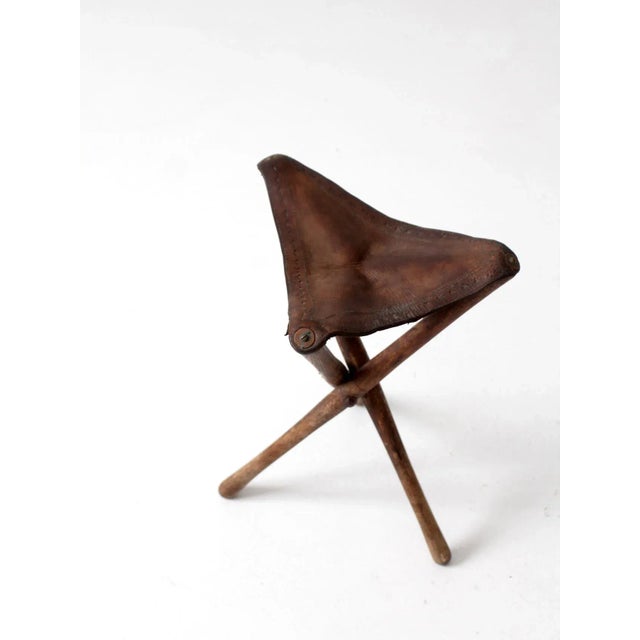 Farmhouse Vintage Leather Three Leg Traveling Stool For Sale - Image 3 of 9