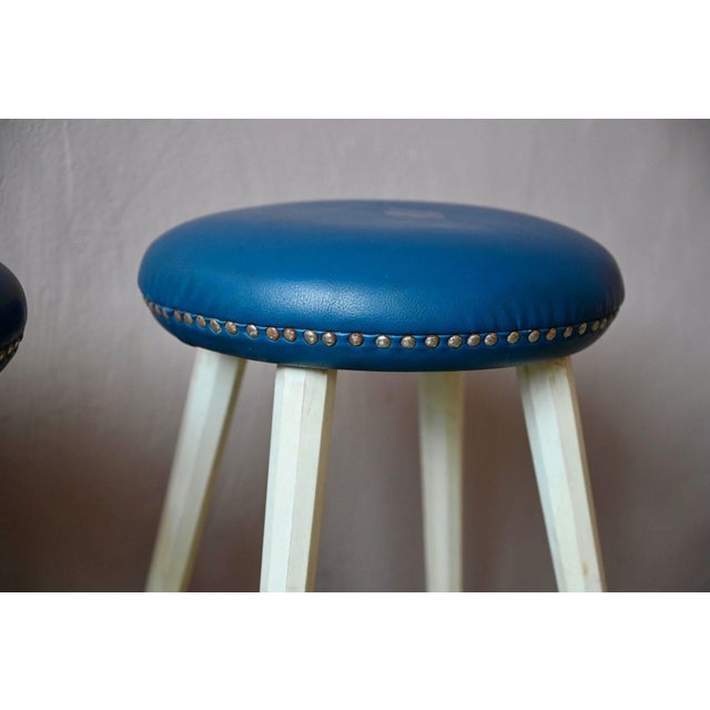 Wood Vintage Rockabilly Stools in Blue Faux Leather with Studs and Compass Legs, 1960s, Set of 2 For Sale - Image 7 of 9