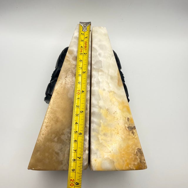 Vintage Heavy Onyx Bookends 7” Aztec Mayan Style Figural Busts Carved Stone Art Deco For Sale - Image 4 of 11