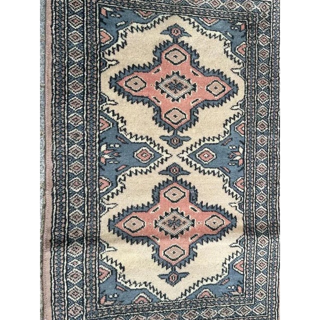 Pretty small vintage Pakistani rug with nice geometrical design in style of Turkmen rugs, and beautiful colours with beige...