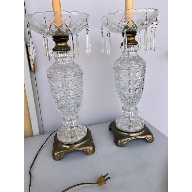 Transparent Vintage Early 20th Century Pair Crystal & Brass Lamps -2 For Sale - Image 8 of 12