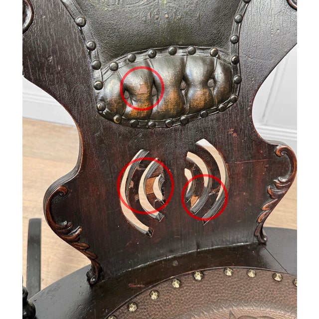 Antique Victorian Carved Oak & Leather Tufted Rocking Chair For Sale - Image 9 of 15