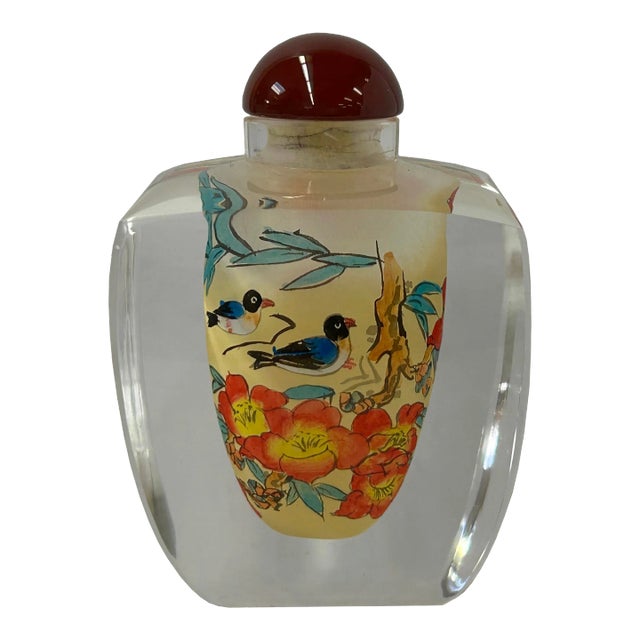 Chinese Inside Oriental Orange Flower Ducks Graphic Glass Art Bottle For Sale