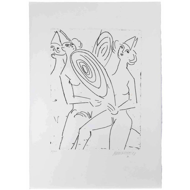 Figures is an etching and Drypoint artwork on paper realized by Sante Monachesi. Hand-signed on the lower right by pencil....