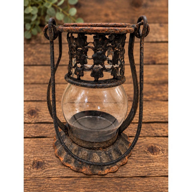 1920s Gothic Revival Pierced Metal and Glass Hanging Candle Lanterns, Pair For Sale - Image 10 of 10