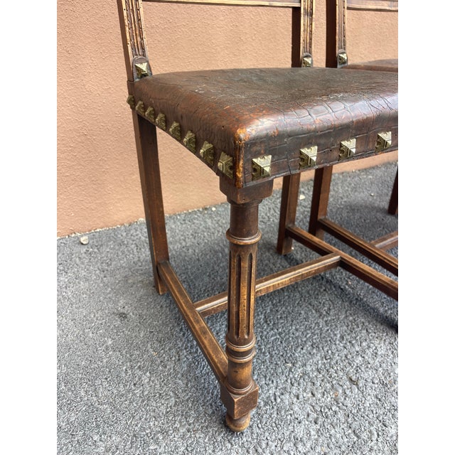 Animal Skin Antique Spanish Revival Embossed Leather Dining Chairs, Set of 6 For Sale - Image 7 of 12