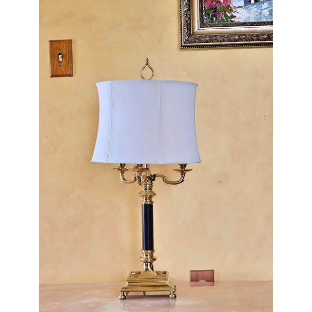 Vintage Brass Empire French-Style Tole Bouillotte-Style Lamp With Dual Black Chain Bulb Switches With Shade For Sale - Image 11 of 12