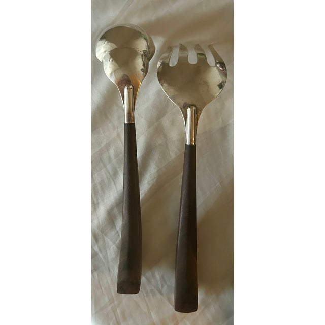 Wood 1950s Vintage Taxco Modernist 980 Fine Silver & Rosewood Salad Serving Set - 2 Pieces For Sale - Image 7 of 8