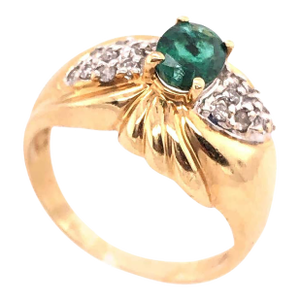 Two-Tone Gold Adl Marked Antique Ring With Emerald and Diamonds, Size 6.5