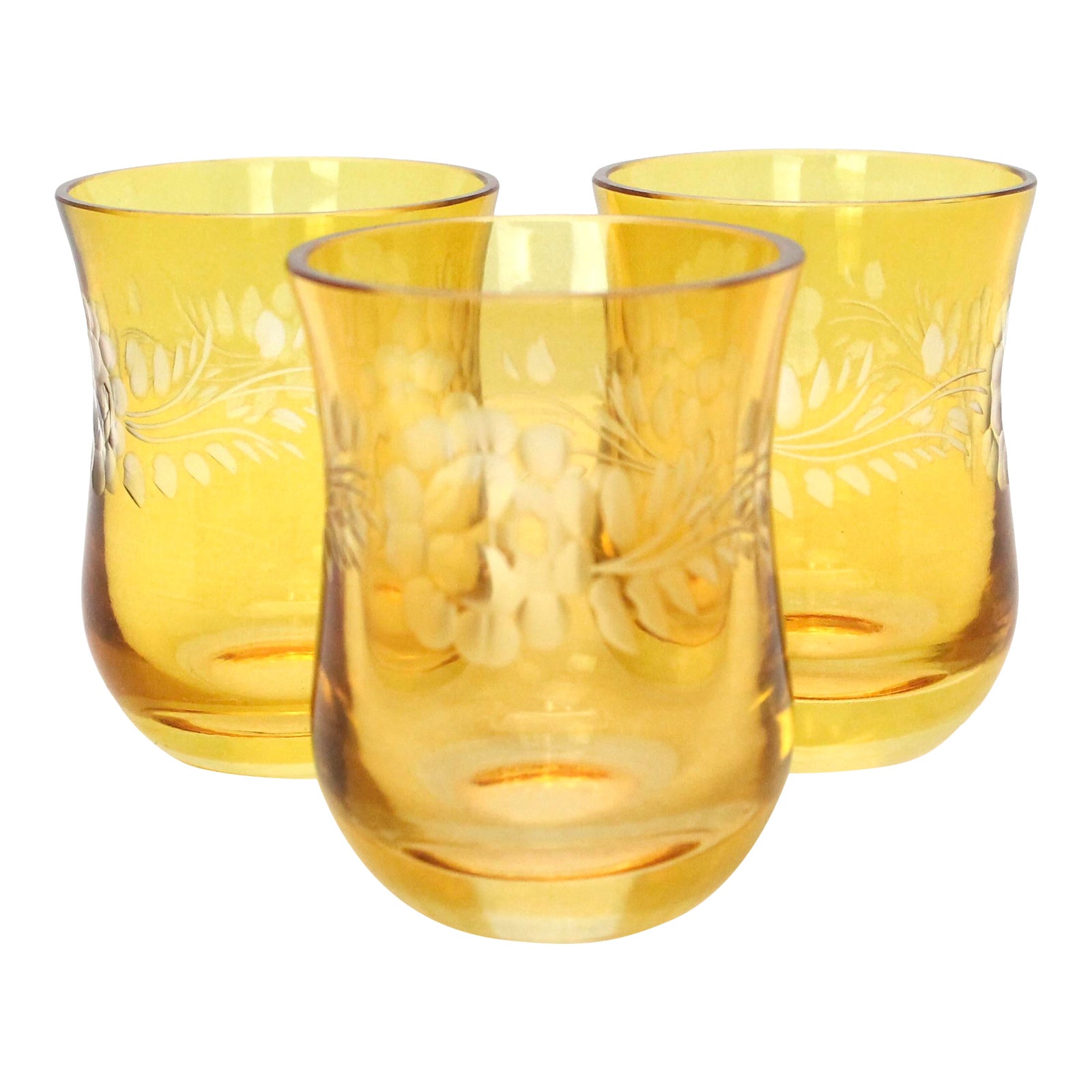 Vintage Bohemian Cut to Clear Etched Amber Shot Glasses Set of 3