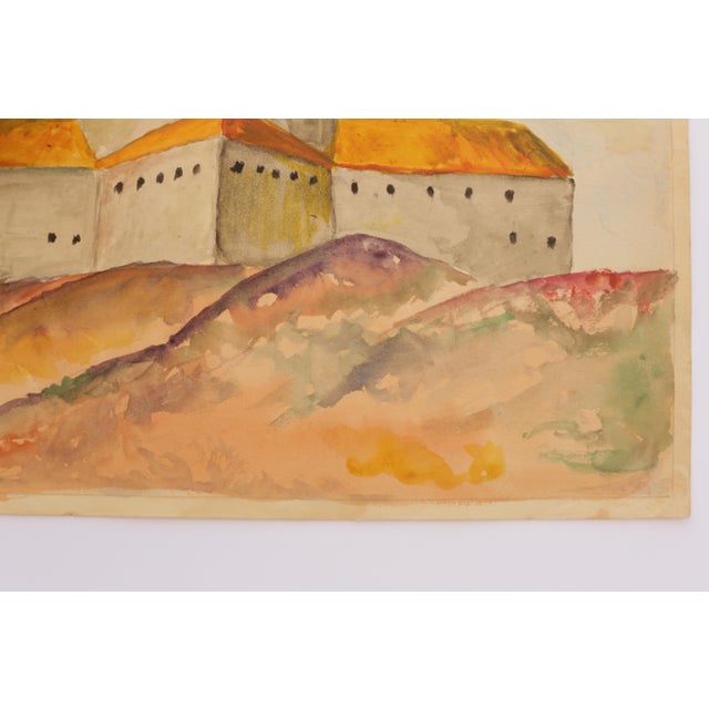 Burnt Orange Mid-Century Scandinavian Outsider Folk Art Original Watercolor Painting, Fortress Landscape For Sale - Image 8 of 10