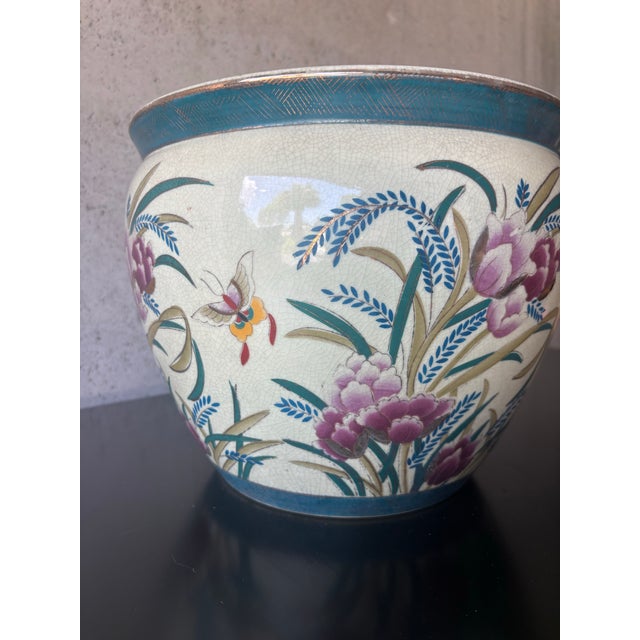 Cream Vintage Chinese Chinoiserie Peony & Koi Porcelain Planter For Sale - Image 8 of 8