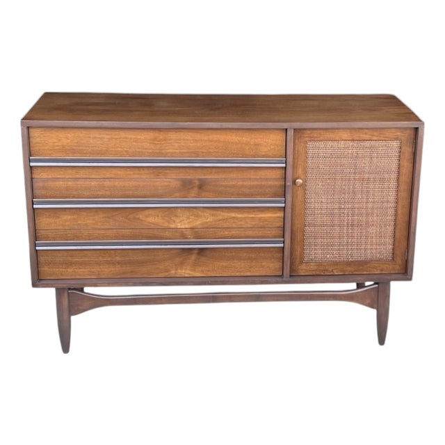 Mid-Century Modern Walnut & Rattan Cabinet – Restored Danish Modern Credenza For Sale