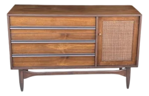 Mid-Century Modern Walnut & Rattan Cabinet – Restored Danish Modern Credenza
